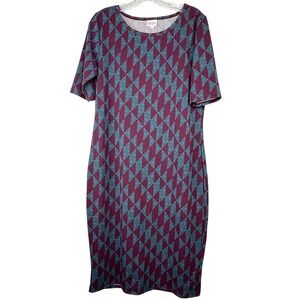 LuLaRoe Julia Dress Womens Burgundy & GrayGeometric Diamond Short Sleeve L